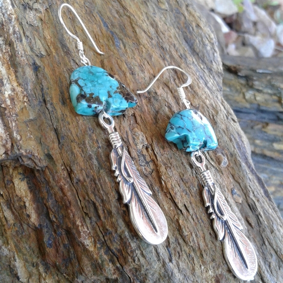 Jewelry - Sterling Silver Turquoise Bear Feather Earrings